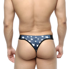 MetroMaleWear Estella thong 2502-91 in blue and white star pattern with black trim showing front side