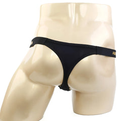Black MetroMaleWear Estrema thong with narrow waistband and gold lettering on the sides in style 2332-20