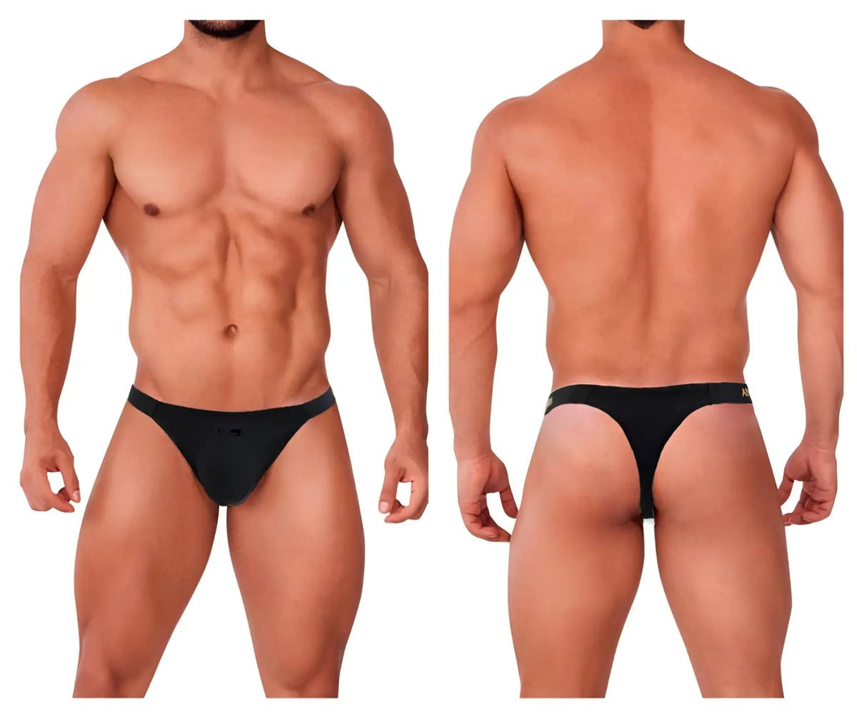 Black thong briefs by MetroMaleWear Estrema featuring sleek minimalist design and subtle branded waistband in black