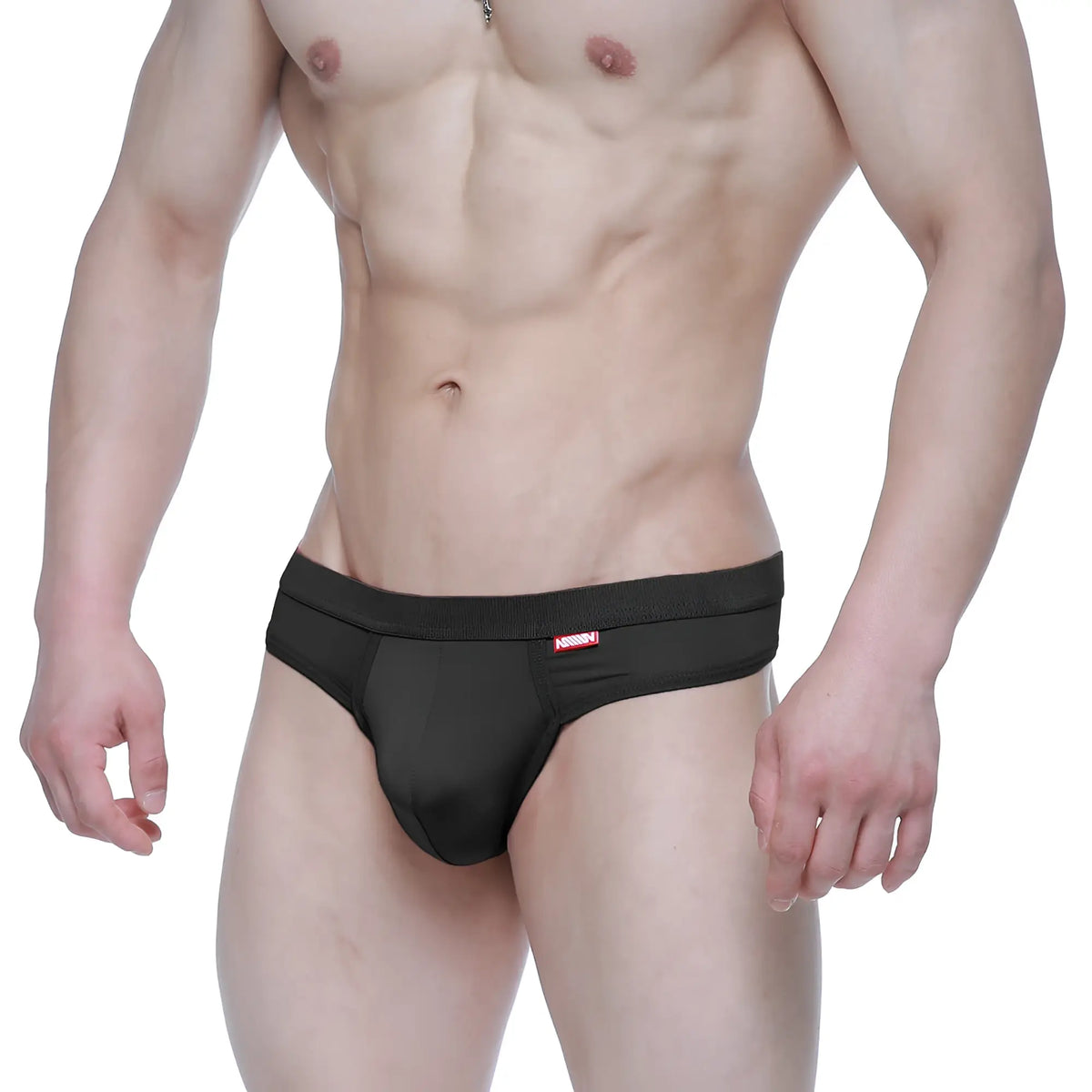 Black MetroMaleWear Eterna Thong 3722-20 with a red logo waistband designed for athletic comfort