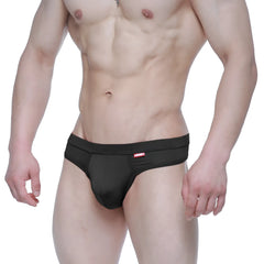 Black MetroMaleWear Eterna Thong 3722-20 with a red logo waistband designed for athletic comfort