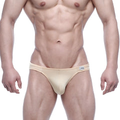 Beige form-fitting briefs with subtle sheen and small MetroMaleWear brand tag on the waistband from Eureka Bikini Gold 5223-21