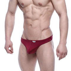 Red form-fitting briefs with subtle sheen and small white brand tag on waistband from MetroMaleWear Eureka Thong Purple 1322-29