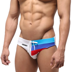 MetroMalewear EURO2 swim brief in white blue and red stripes with a white drawstring waistband for swimming
