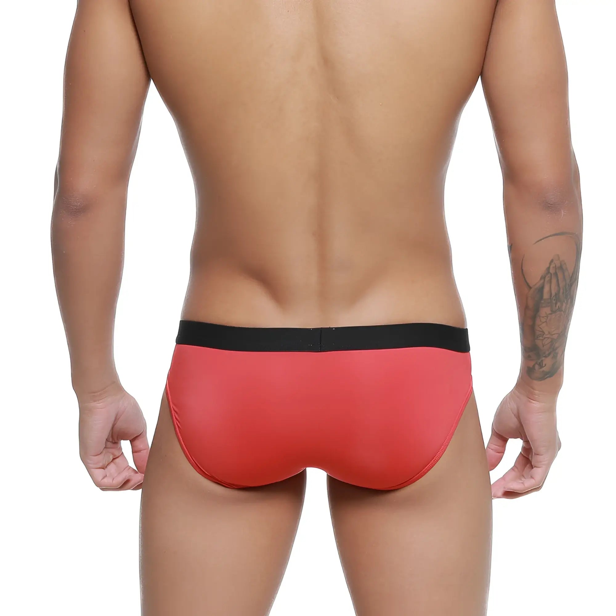 Metro male wear expose brief red 2207-12 red swim trunks with black waistband designed for comfortable swimming