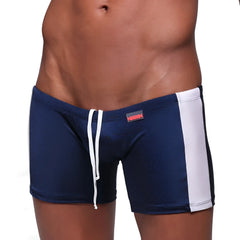 Metro malewear extreme square navy 4933-28 navy blue swim trunks with white side stripes and matching drawstring waistband