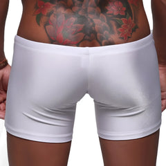 MetroMaleWear extreme square white fabric shorts with a snug fit and elastic waistband for comfortable wear