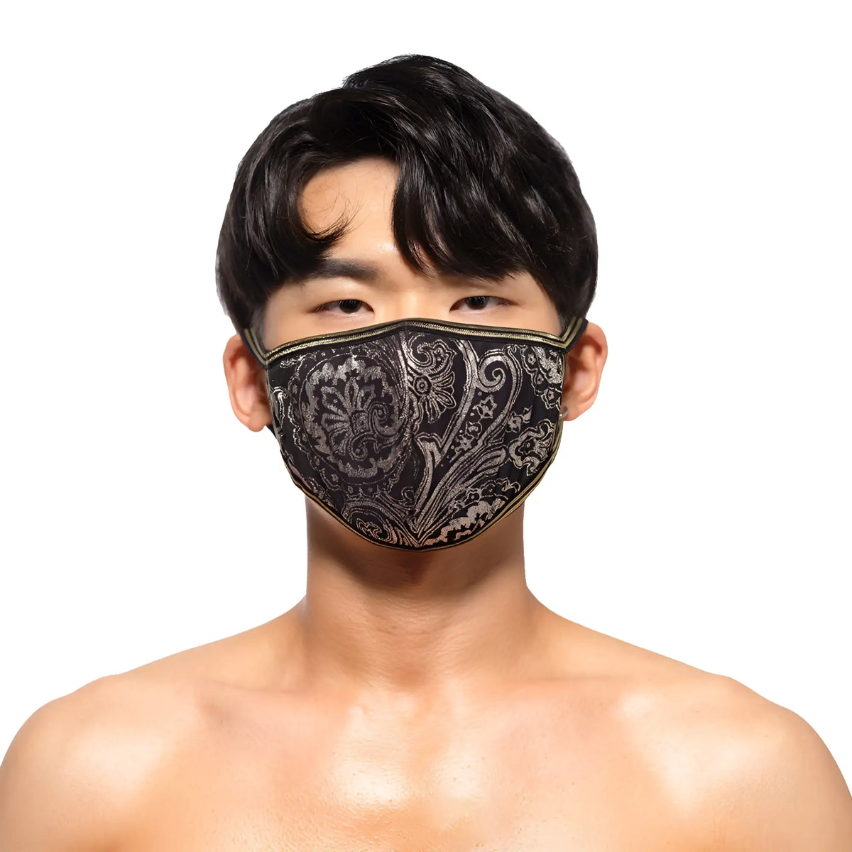 Black face mask with intricate silver paisley embroidery and gold-trimmed edges by MetroMaleWear Lujos 0111-64