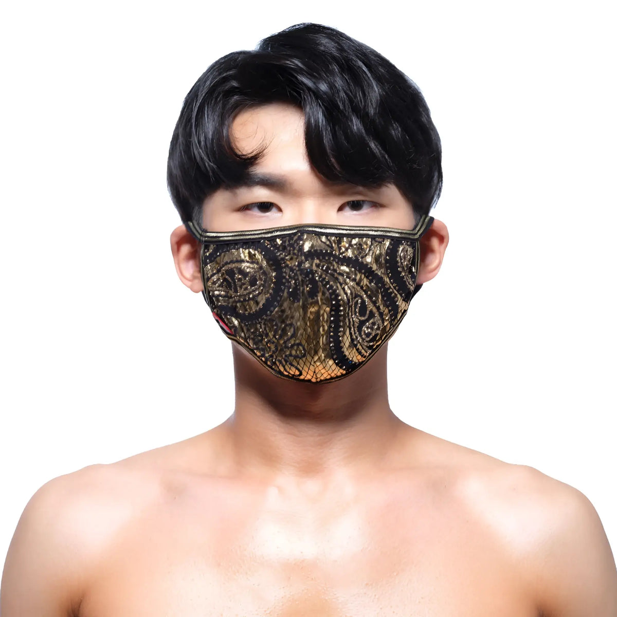 A black and gold sequined face mask with an intricate paisley design by MetroMaleWear metal paisley gold 0111-61