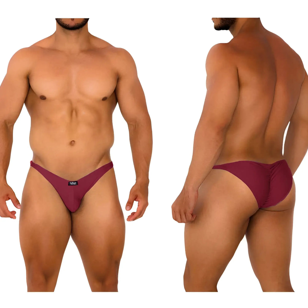 Maroon form-fitting briefs with sleek design and small black logo front metroMalewear fantasy bikini burgundy 6116-29