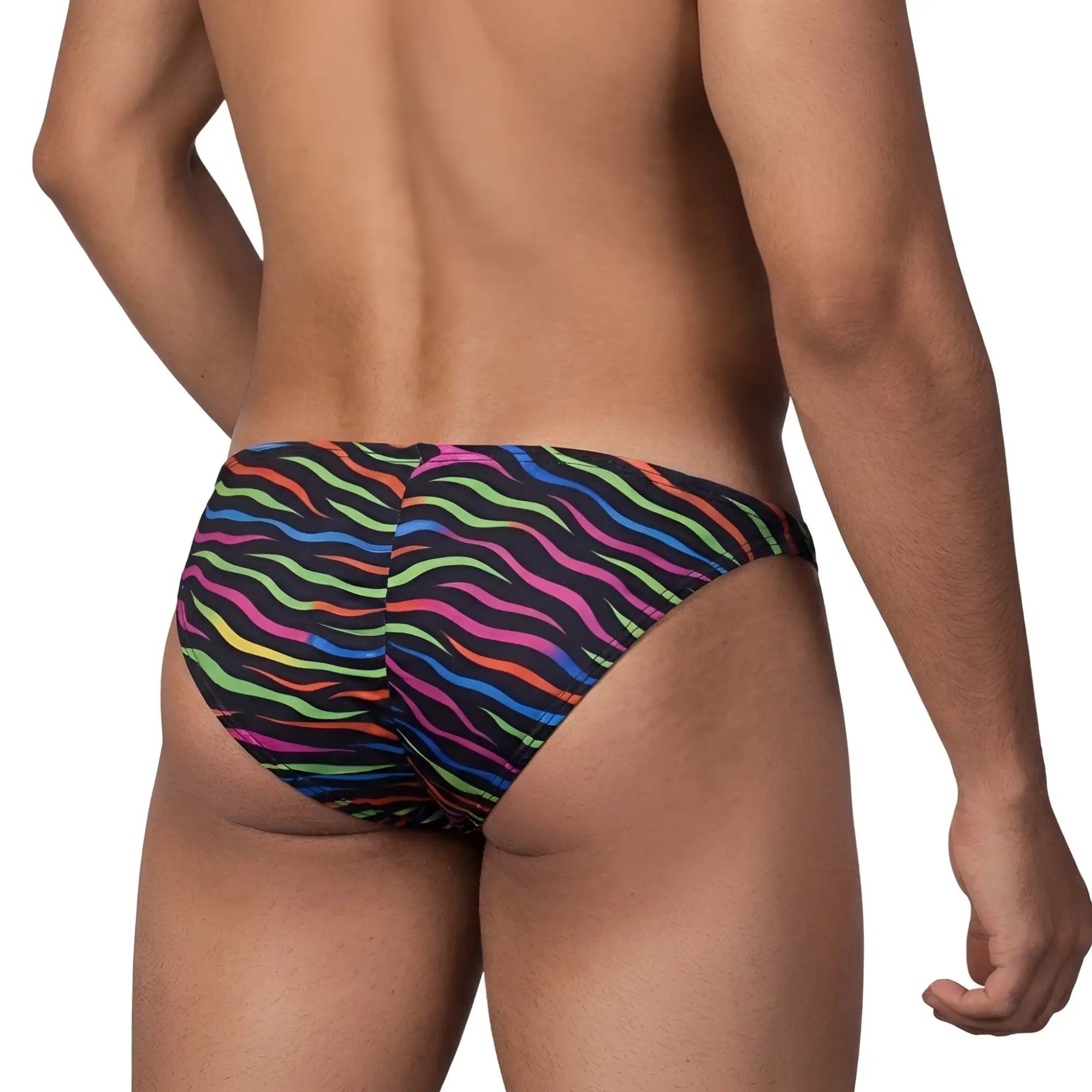 Metro male wear fantasy bikini disco 6116-43 vibrant rainbow-striped swim trunks with bold black zebra pattern