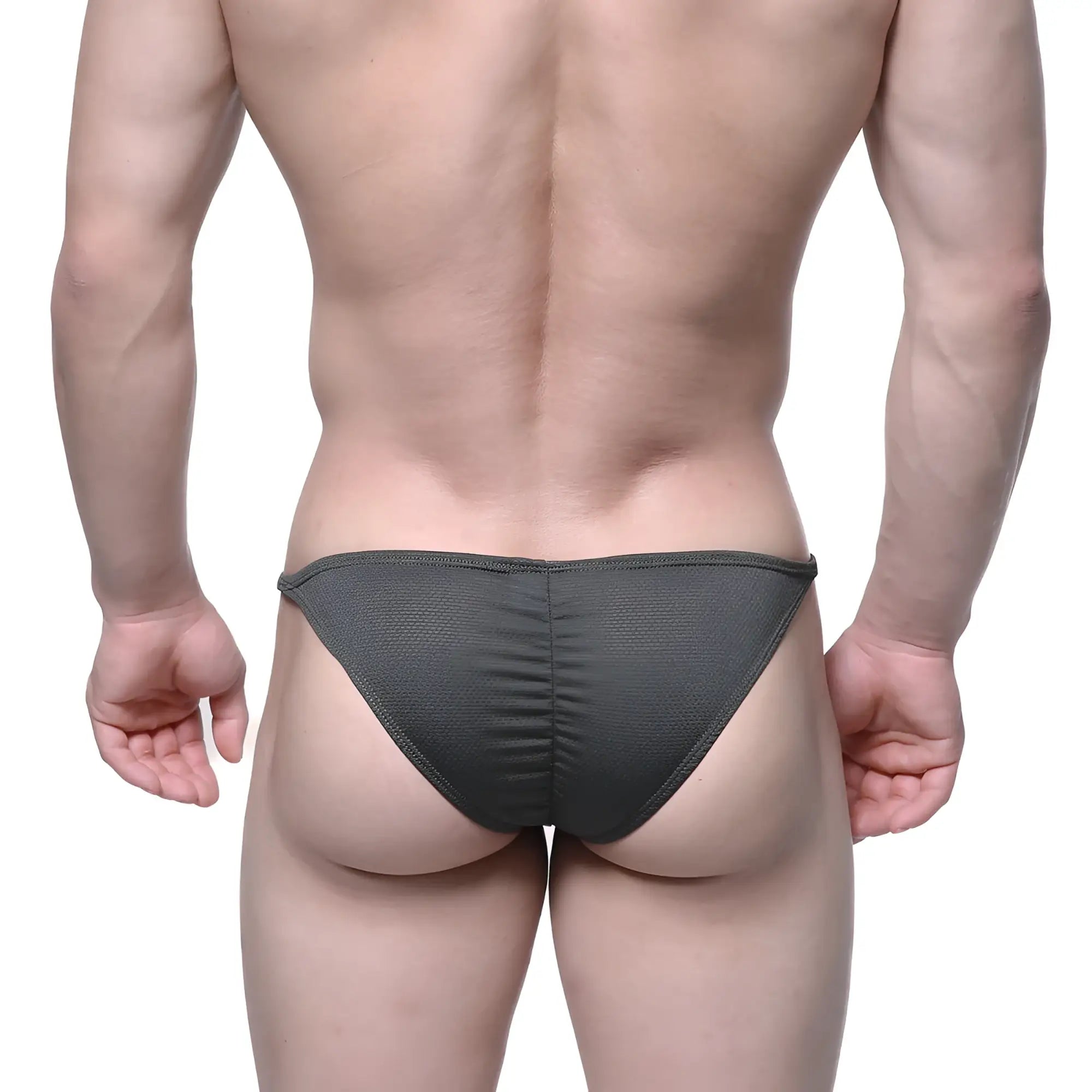 Dark gray textured fabric briefs with ruched back design from metamalewear fantasy bikini khaki 6116-26 displayed from back side