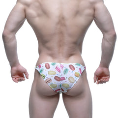 White swim trunks from MetroMaleWear fantasy bikini macaron 6116-61 featuring colorful macarons and sprinkles pattern