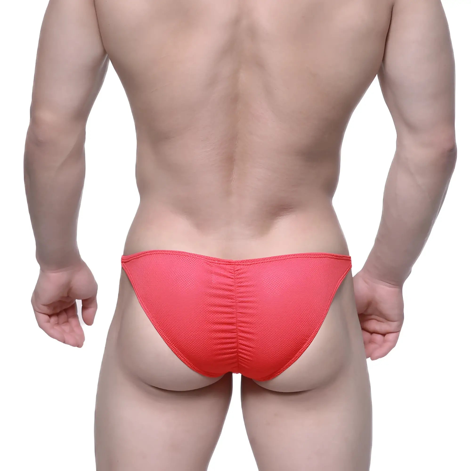 Bright coral-red textured mesh metro male wear fantasy bikini briefs with ruched back design shown from back