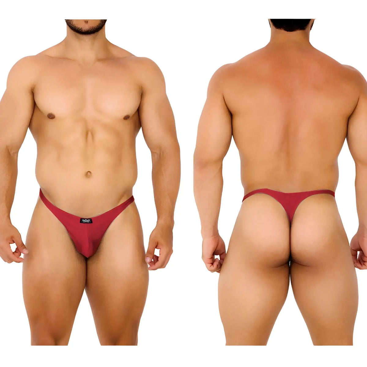 Maroon metro male wear fantasy thong with sleek form-fitting design and small black brand tag at front