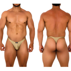 Beige MetroMaleWear Fantasy thong gold 6112-21 with small black brand tag on front designed for comfort and style