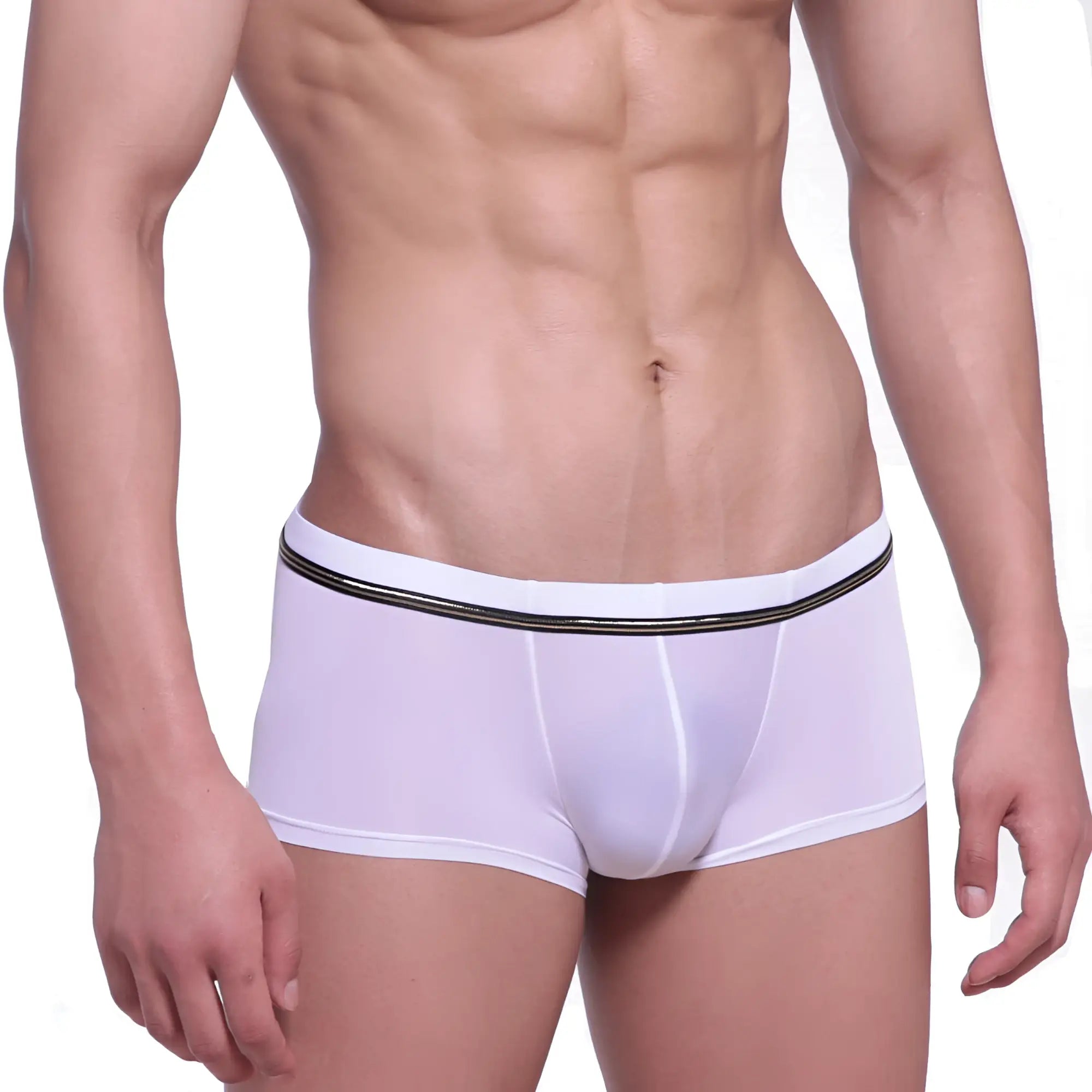 White metro male wear faro boxer briefs with black elastic waistband and two thin stripes for men
