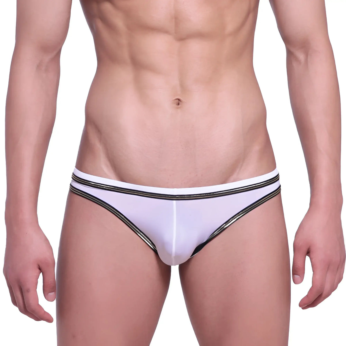 White briefs with black and gold striped trim from metromalewear faro jock strap 5001-40 front view