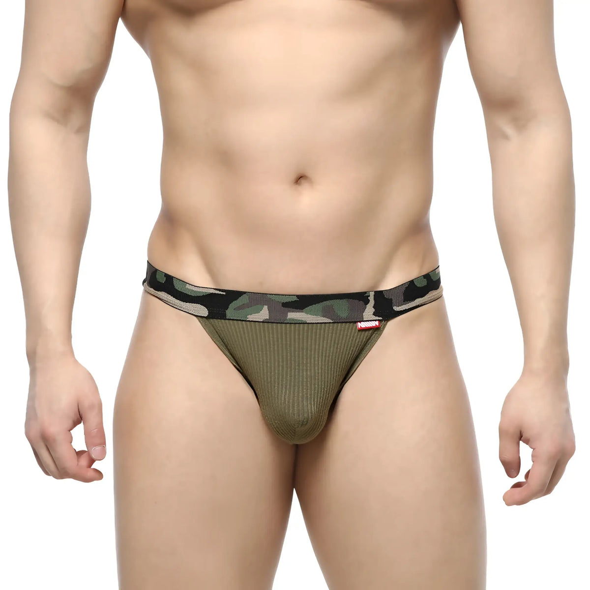 Metro malewear felix jock strap green 7001-26 olive green striped underwear with camouflage waistband detail
