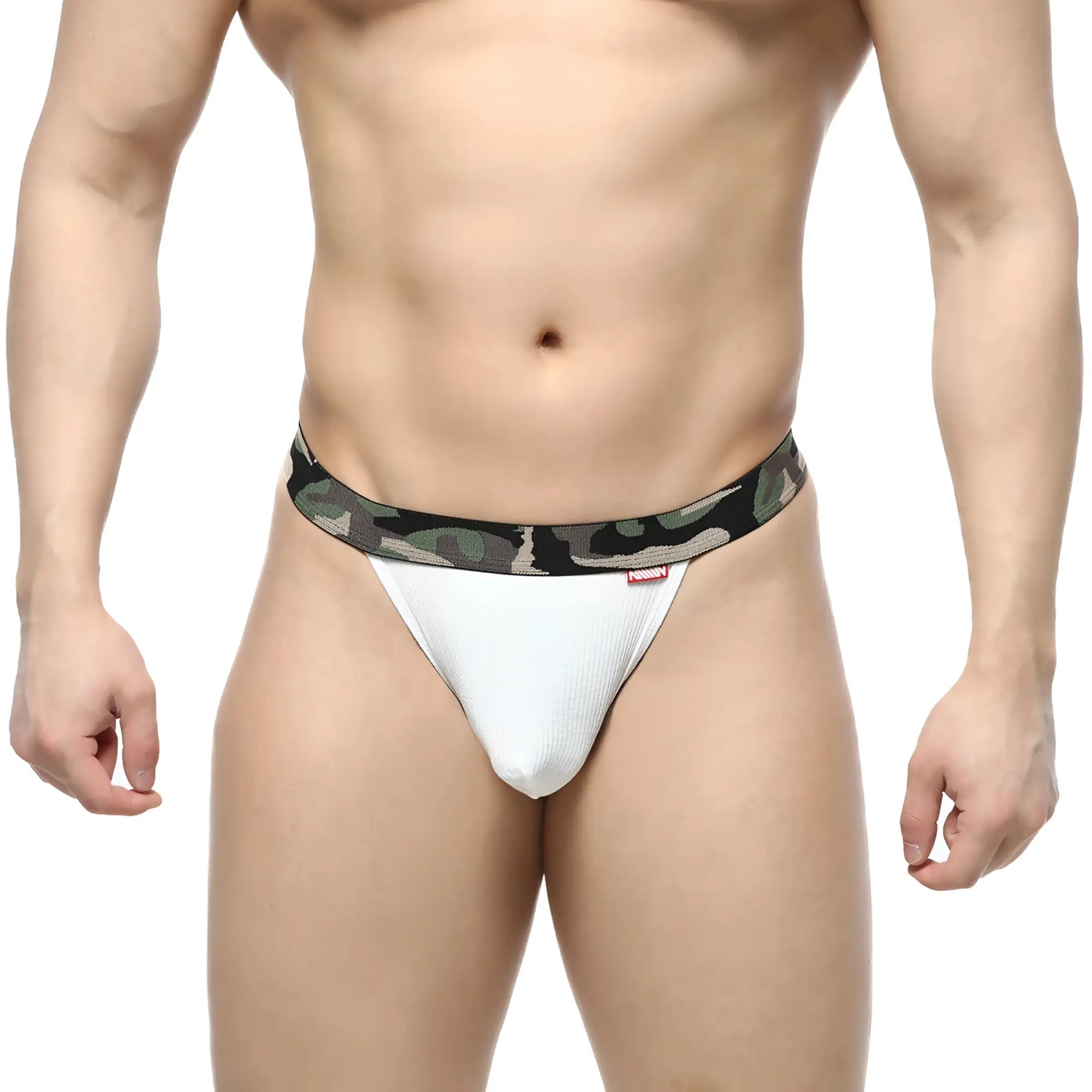 White textured briefs with camouflage-patterned waistband from metromalewear felix jock strap 7001-00