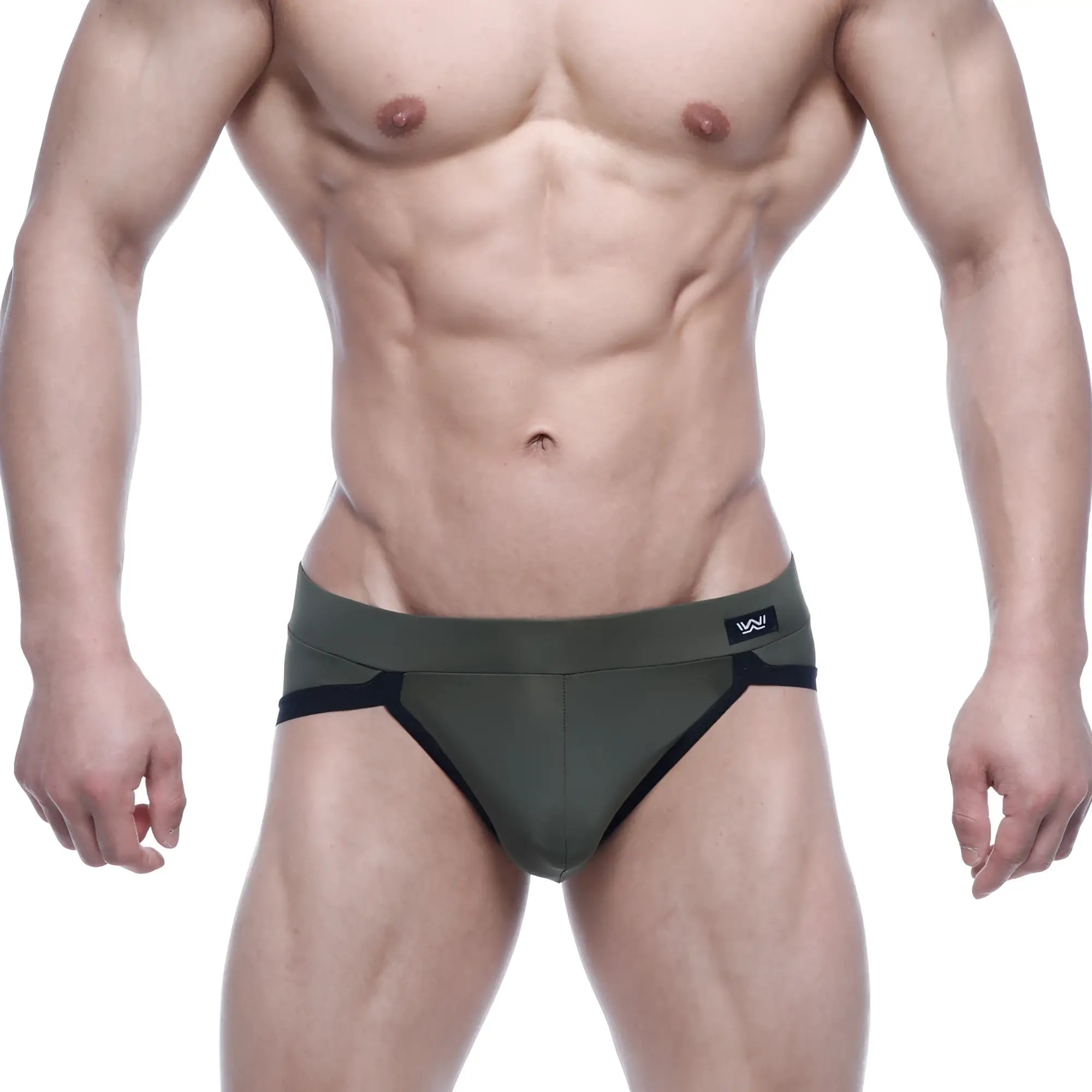 Olive green and black metro malewear filosofico bikini briefs with sleek form-fitting design for athletic wear