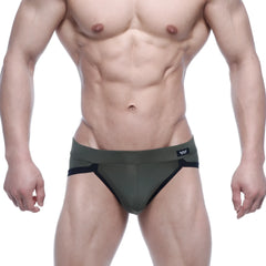 Olive green and black metro malewear filosofico bikini briefs with sleek form-fitting design for athletic wear
