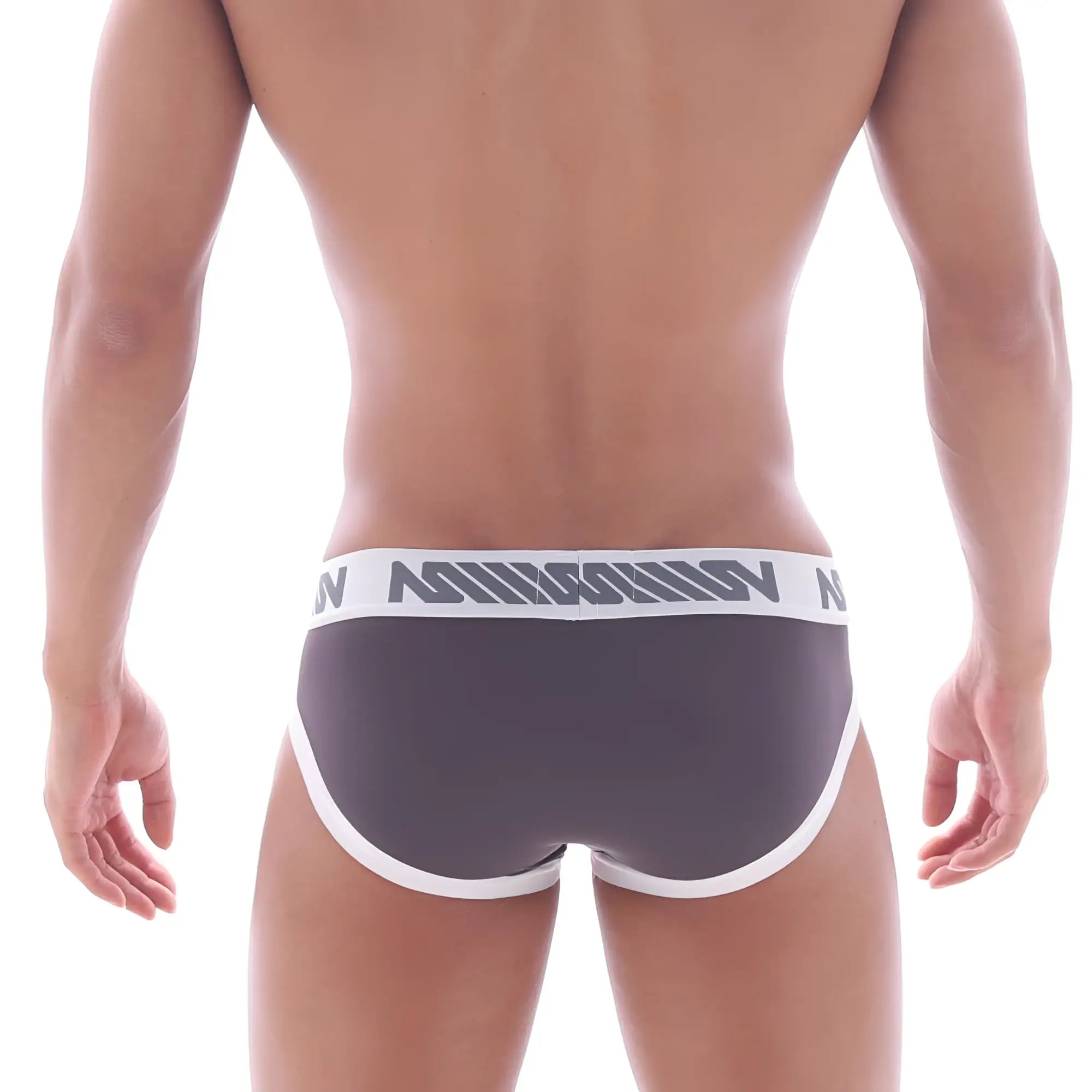 Gray men’s briefs with white trim and branded waistband from MetroMaleWear Filosofico bikini pink 2304-01 collection