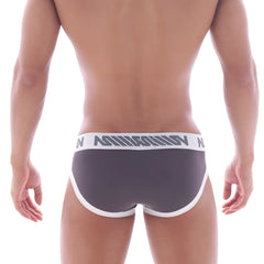 Gray men’s briefs with white trim and branded waistband from MetroMaleWear Filosofico bikini pink 2304-01 collection
