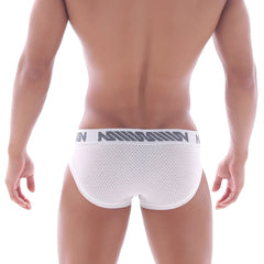 White mesh briefs with a gray mission logo band from metromalewear filosofico bikini 2304-40