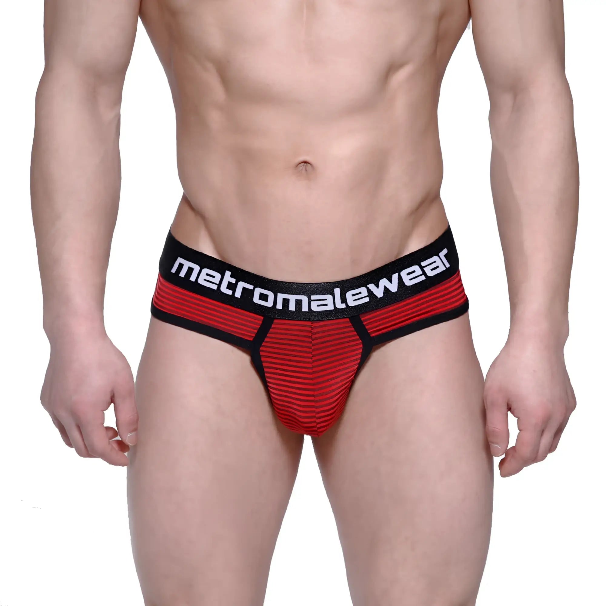 Red and black striped men’s briefs with branded waistband from MetroMaleWear fine thong red stripe 2712-42 collection