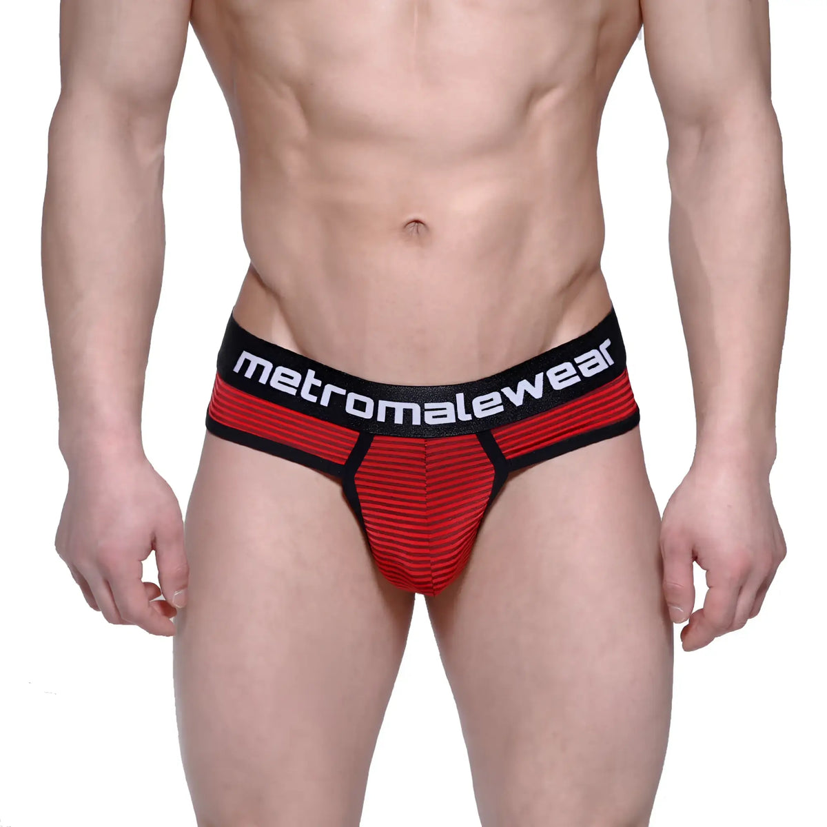 Red and black striped men’s briefs with branded waistband from MetroMaleWear fine thong red stripe 2712-42 collection