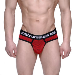 Red and black striped men’s briefs with branded waistband from MetroMaleWear fine thong red stripe 2712-42 collection