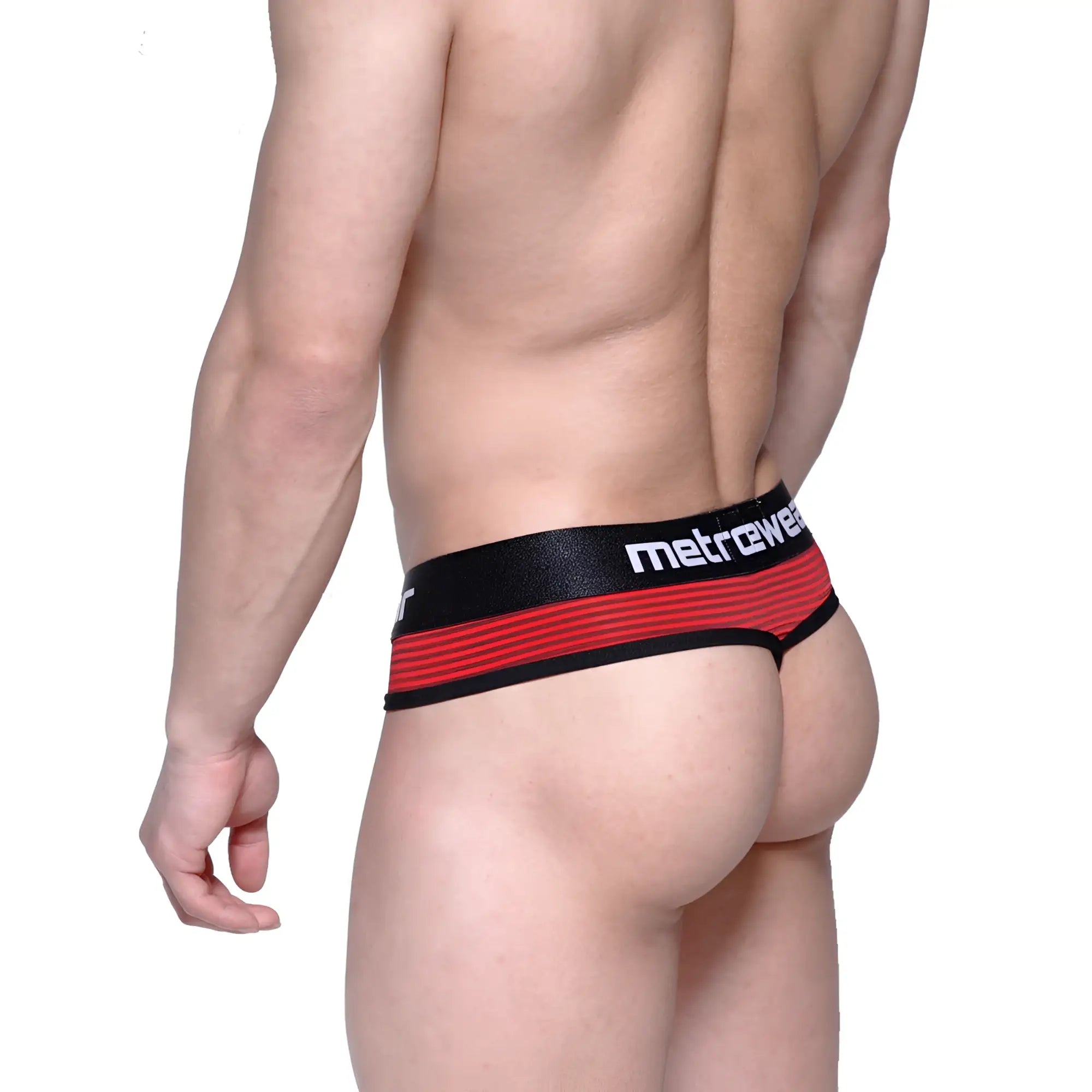 Red and black striped MetroMaleWear fine thong with a sleek form-fitting design shown from the back side