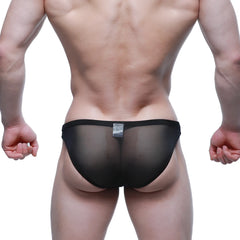 Black sheer mesh briefs with a solid black waistband metro malewear fior bikini 3603-72 front view