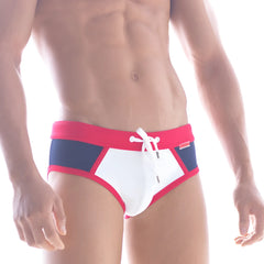 Metro male wear fira string swim brief in red white and navy blue with drawstring waistband for swimming
