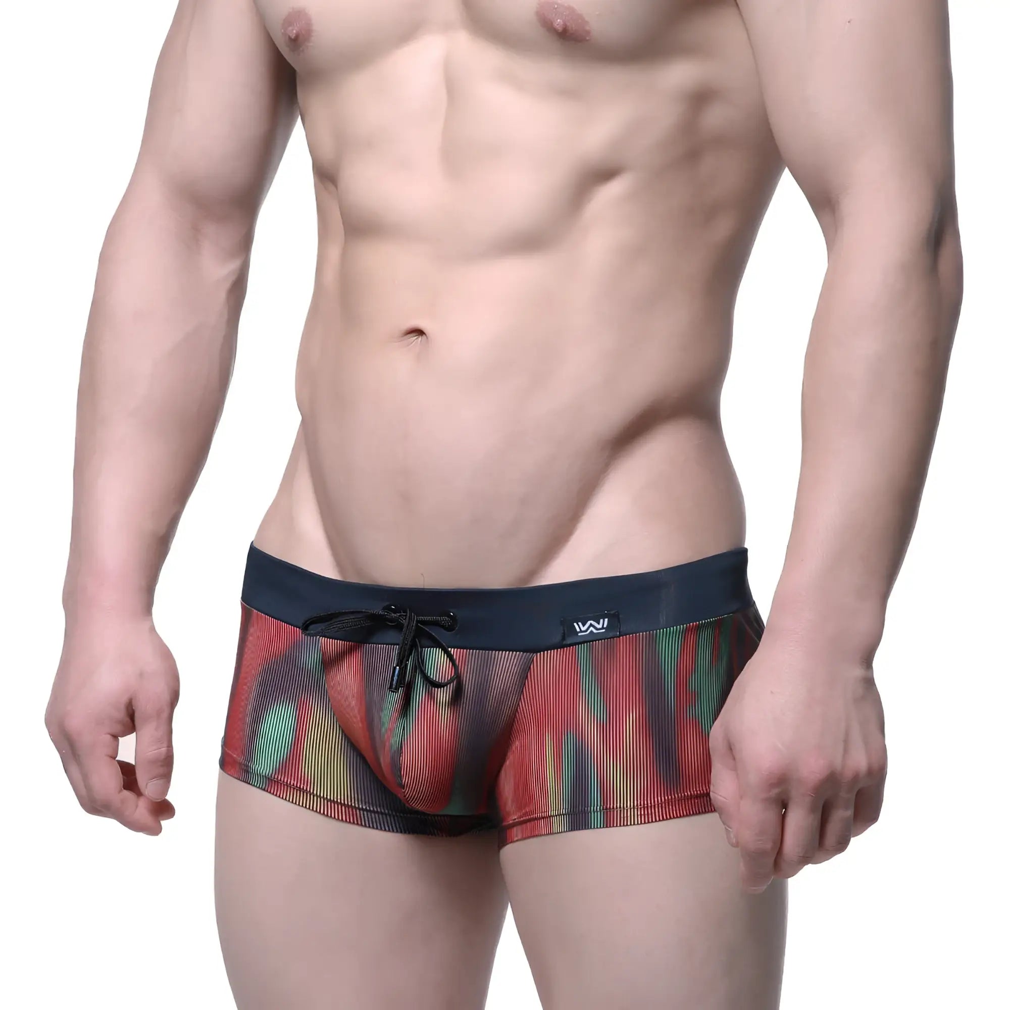 MetroMaleWear fire swim boxer briefs 4986-70 vibrant red green yellow abstract mesh trunks with navy waistband and black drawstring