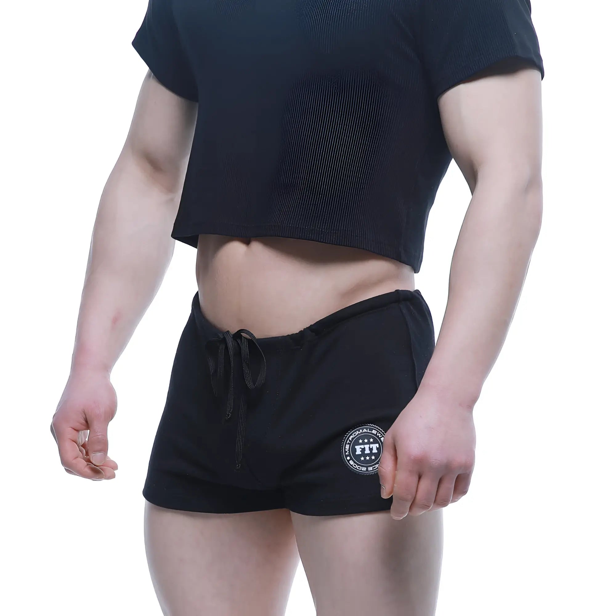 MetroMaleWear Fit shorts black athletic shorts with drawstring waistband and circular logo patch on left leg