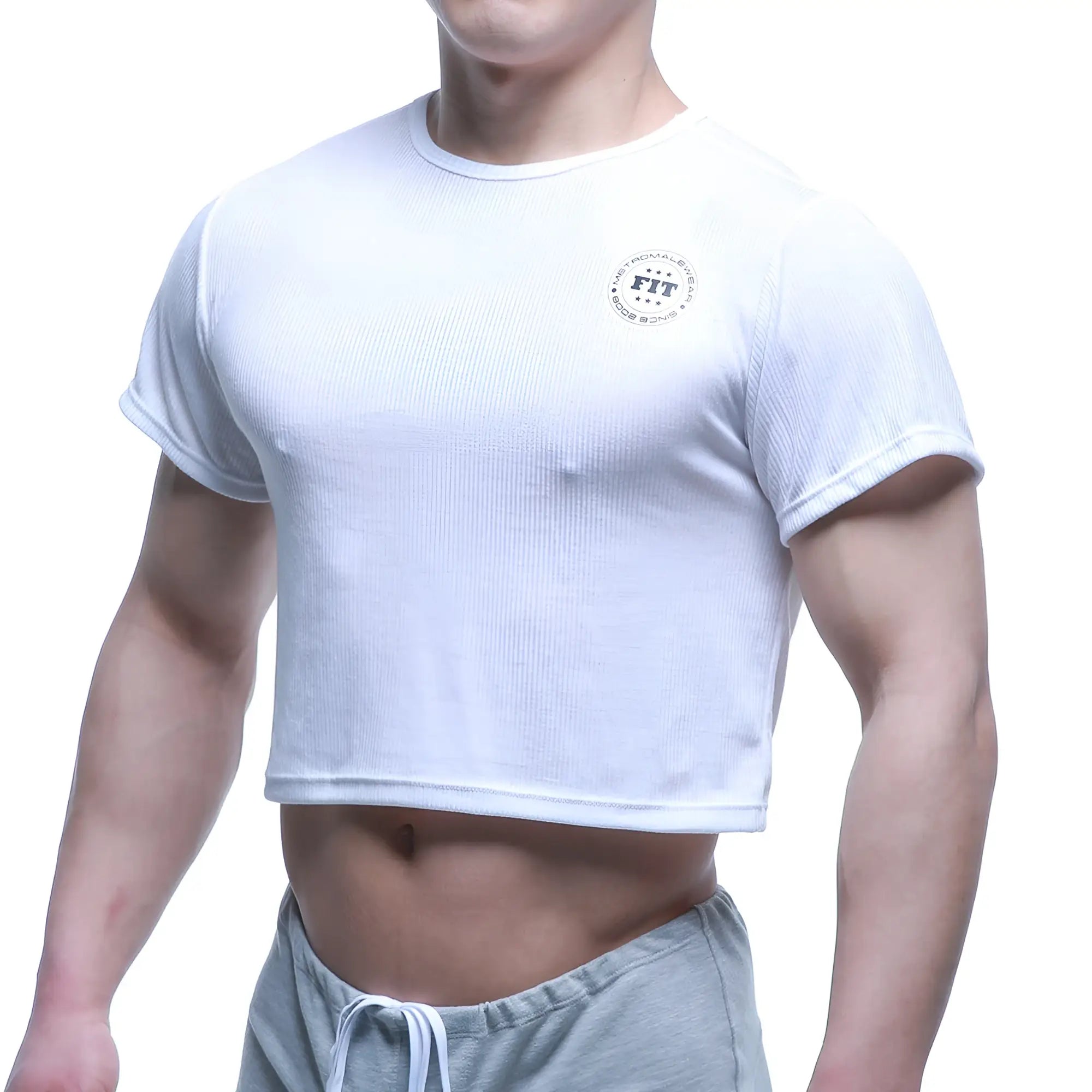 White ribbed crop top with circular fit logo on chest from metromalewear fit t shirts white 3119 00