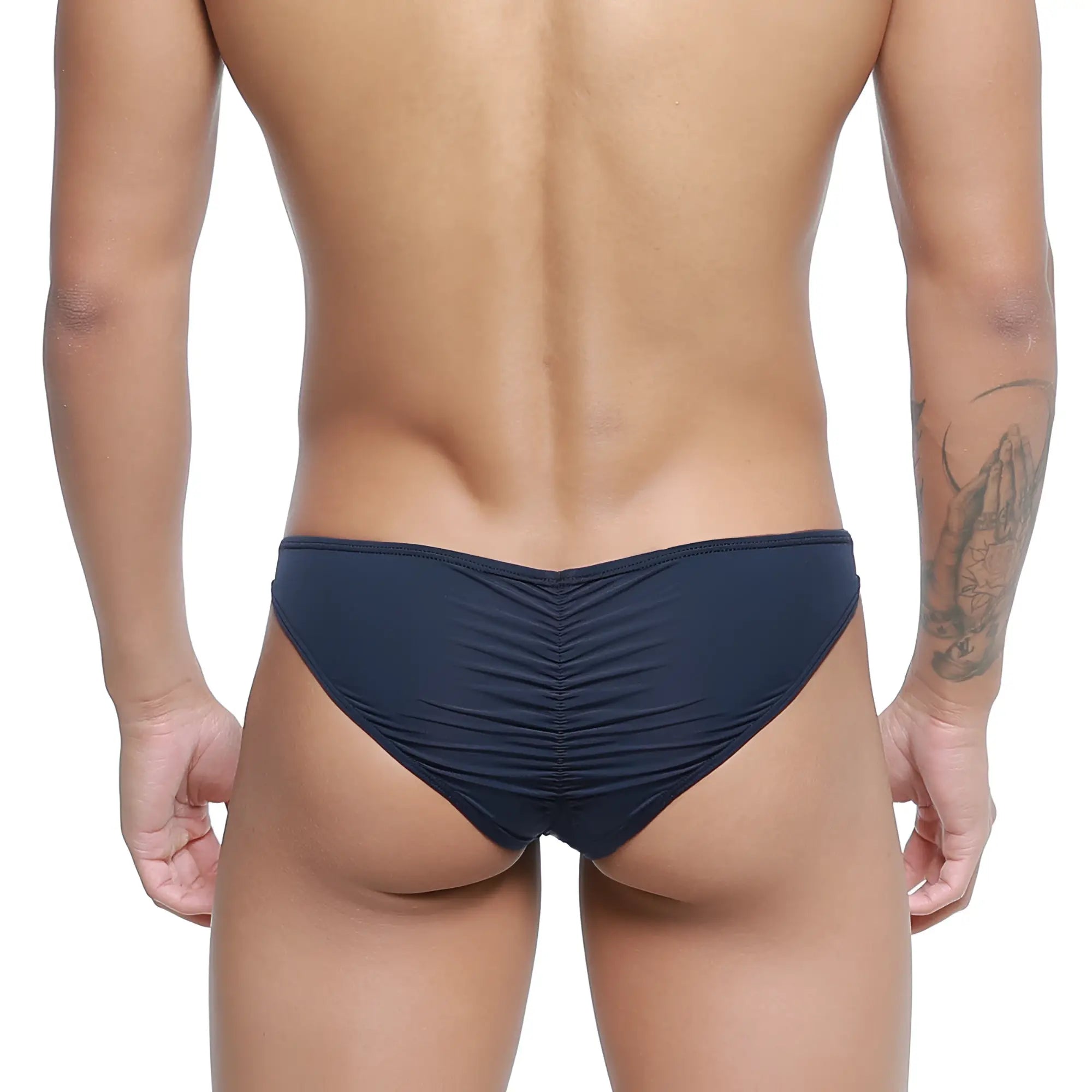 Navy blue ruched swim trunks by metromalewear fits bikini style model 6603-28 designed for comfortable swimming