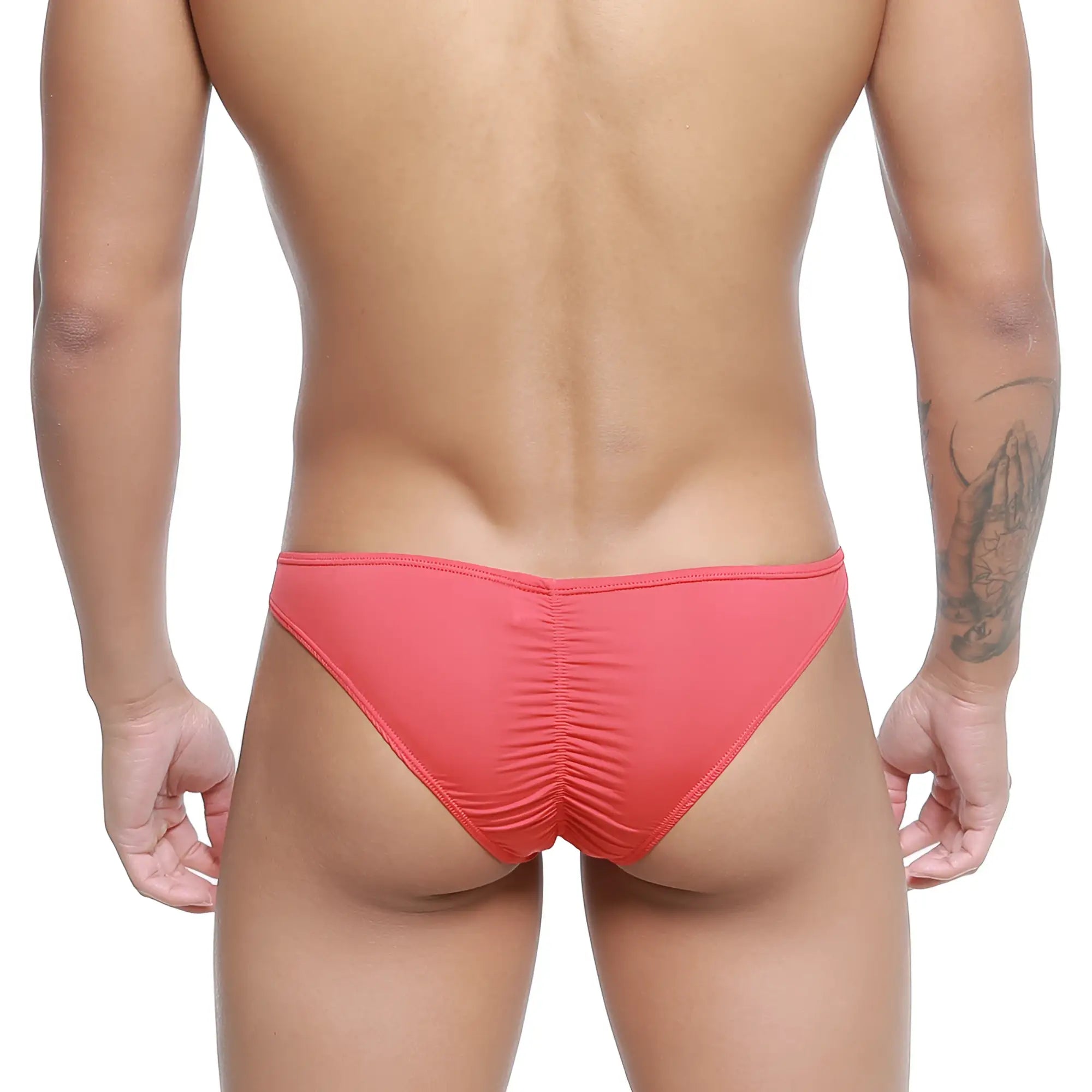 Coral-colored stretchy fabric briefs with ruched back design from metromalewear fits bikini red 6603-12 showing back side