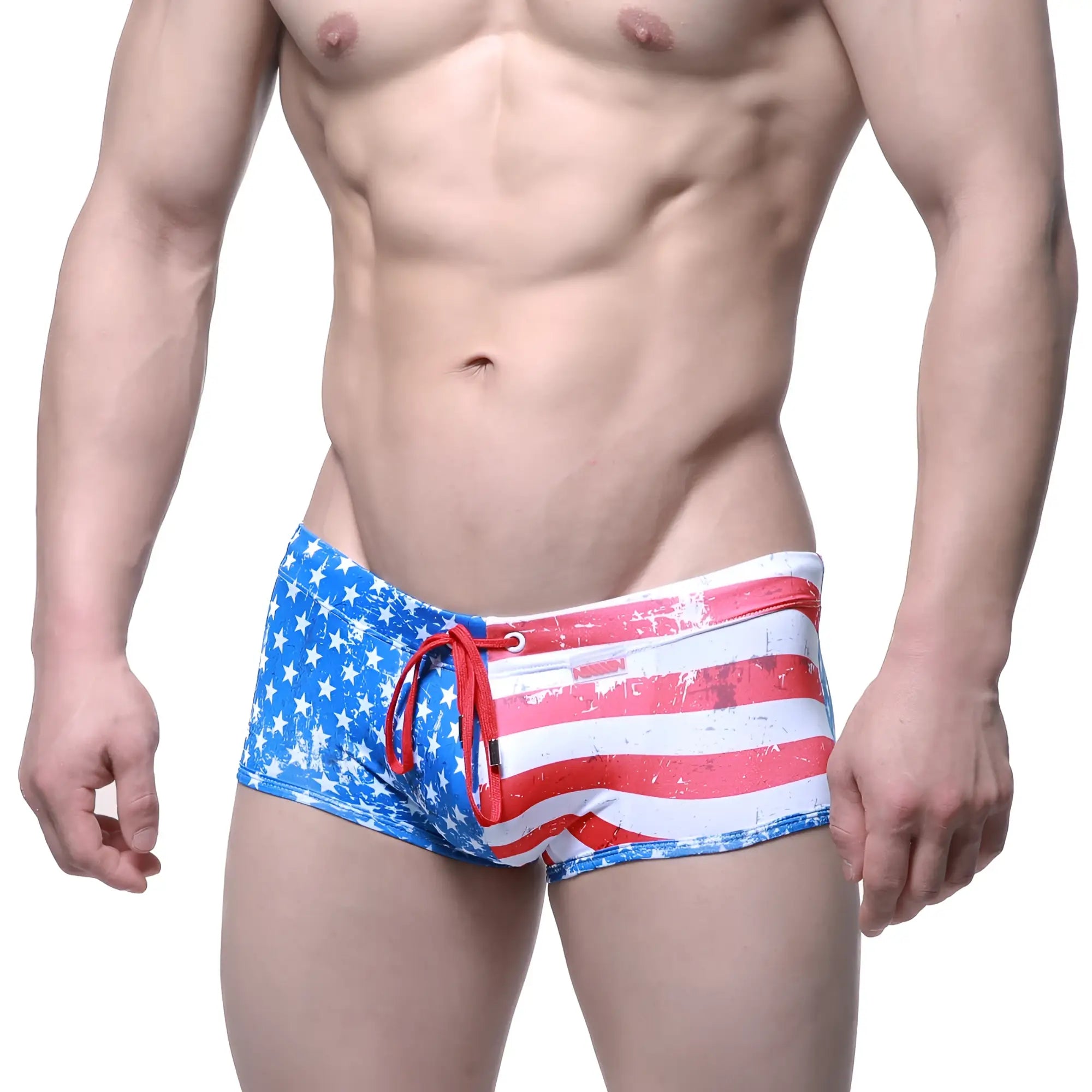 Metro male wear flag swim trunk 4938-91 blue and red american flag patterned swim trunks with white stripes and red drawstring