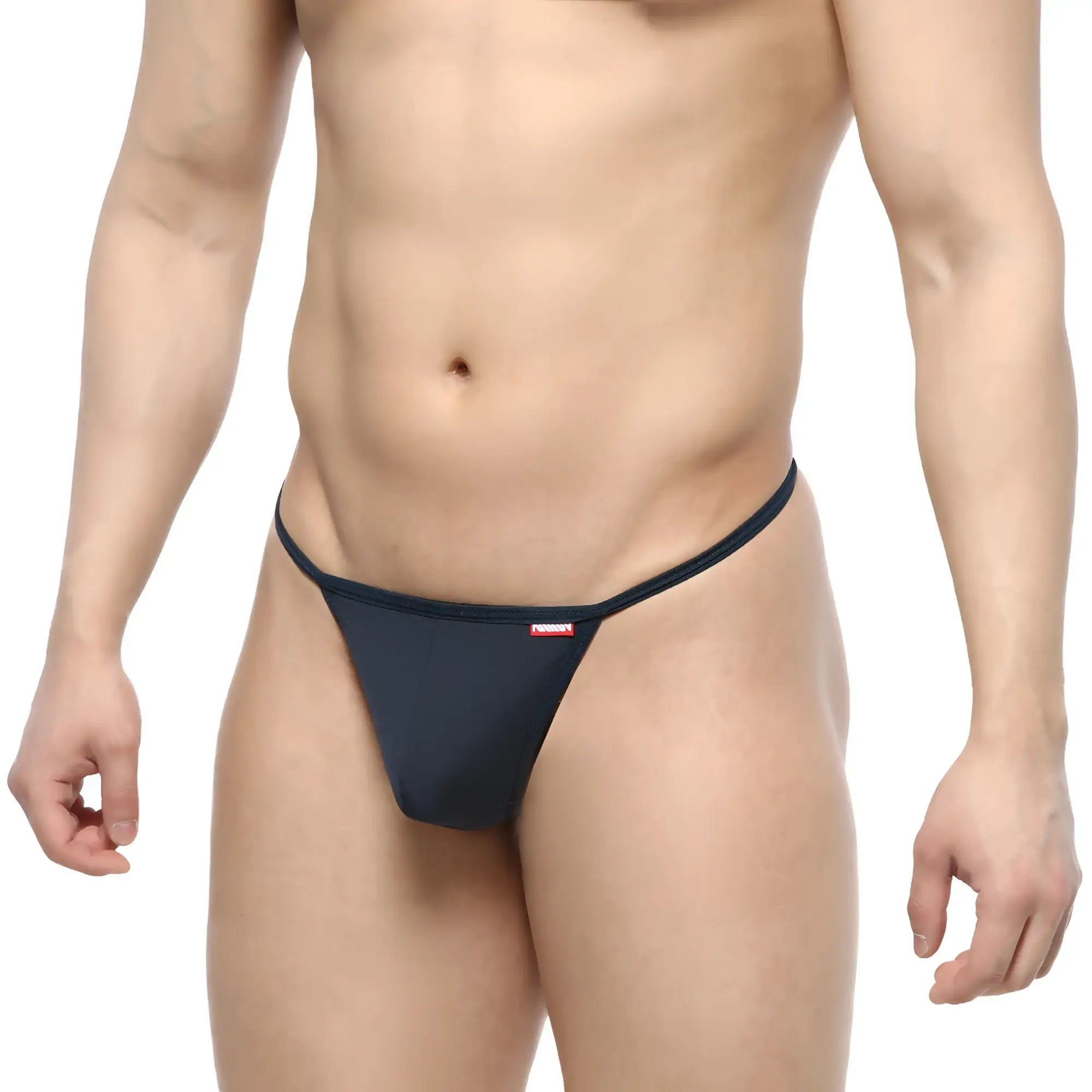 Black thong with a small red logo on the waistband from metromalewear flex string navy 2114-28 showing the back side