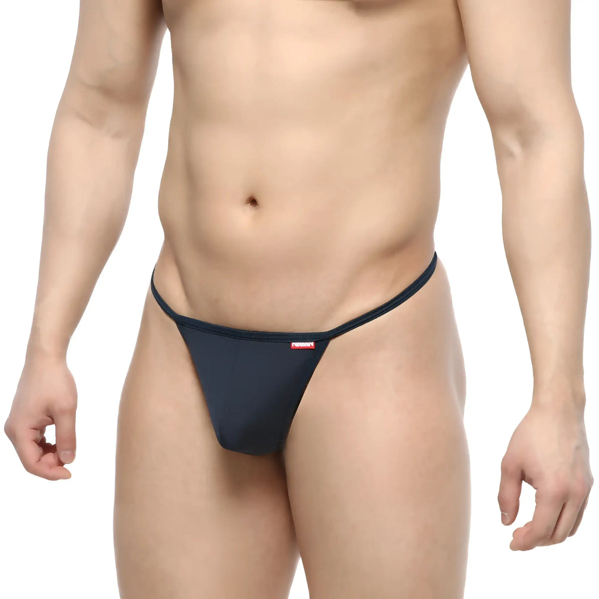 Black thong with a small red logo on the waistband from metromalewear flex string navy 2114-28 showing the back side