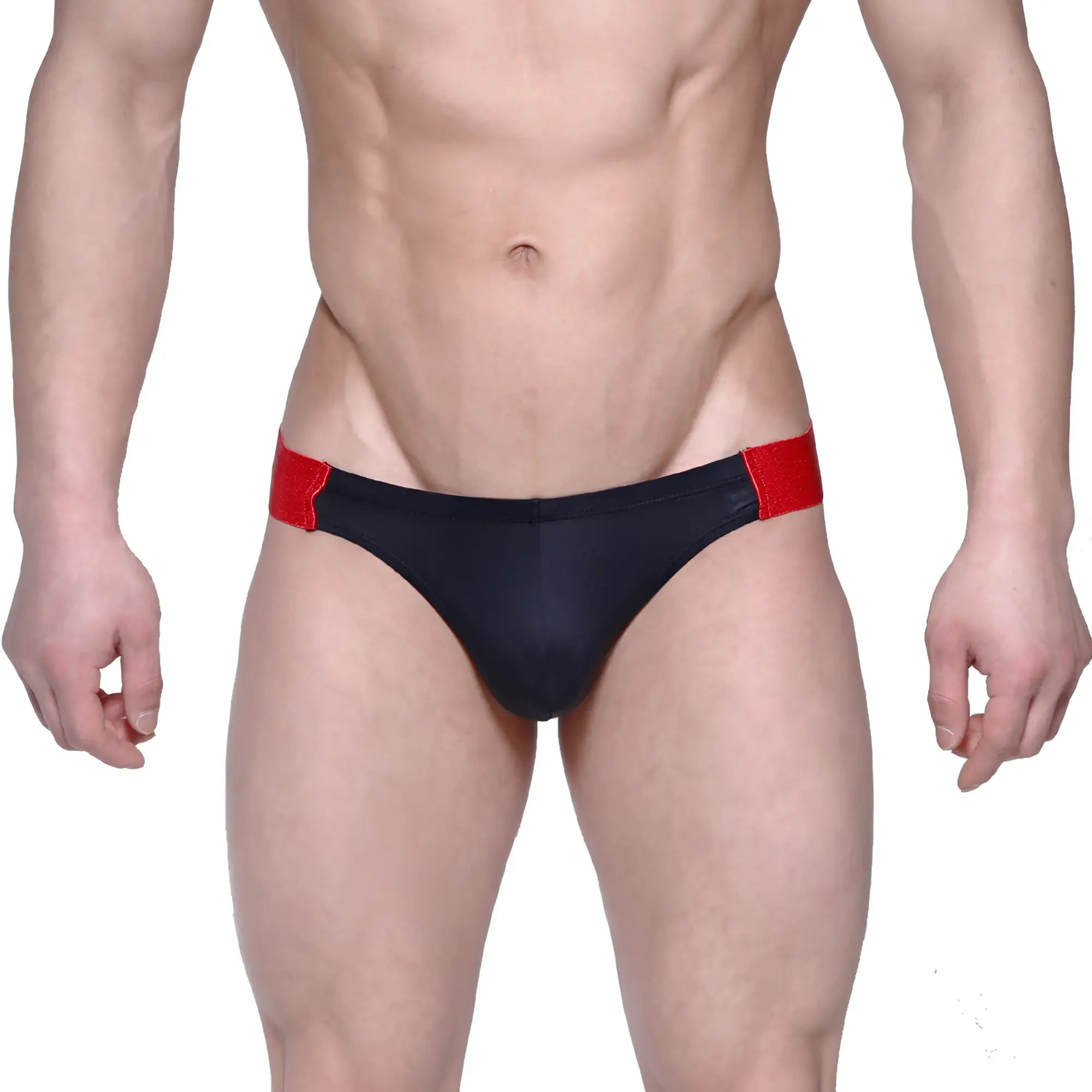 Black swim trunks with red side panels from metromalewear flip jock strap collection model 1421-20