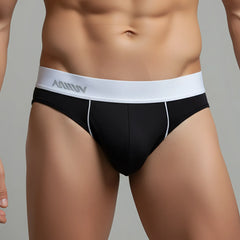 Black briefs metro male wear flow brief 6113-20 with white waistband aquav logo gray lettering and white side stitching