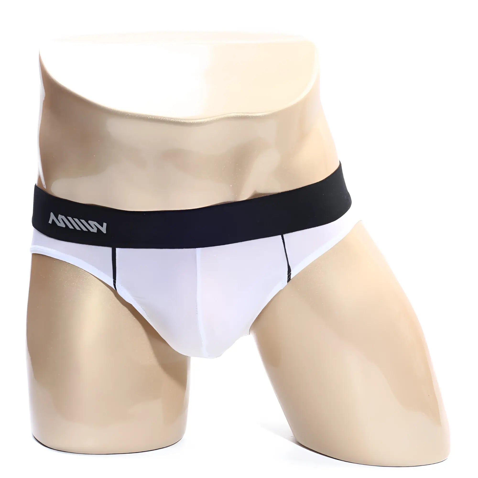 White briefs with a black waistband featuring the milli logo in silver lettering metroMalewear flow brief white 6113-00