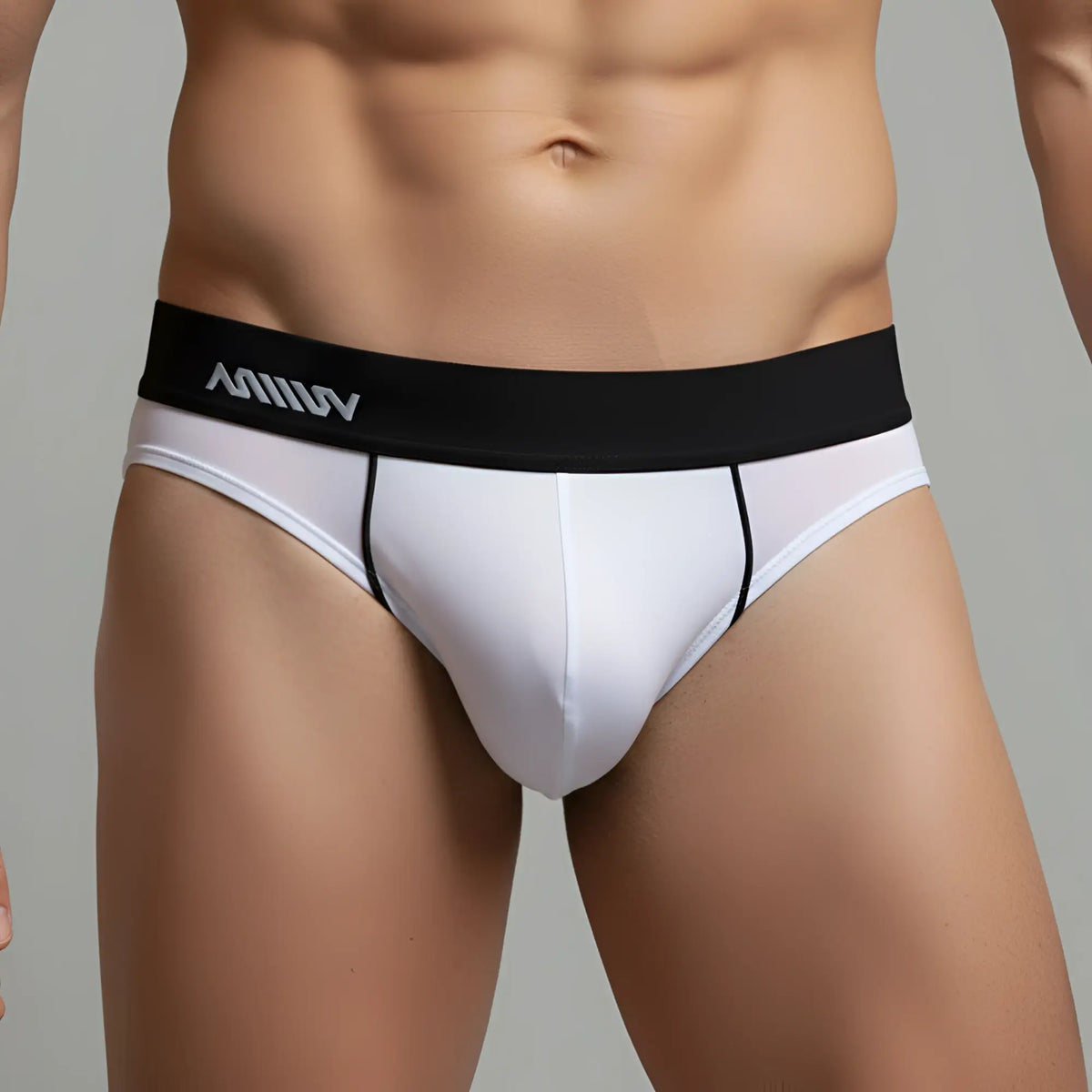 White men’s briefs metro male wear flow brief 6113-00 with black waistband and silver amw logo