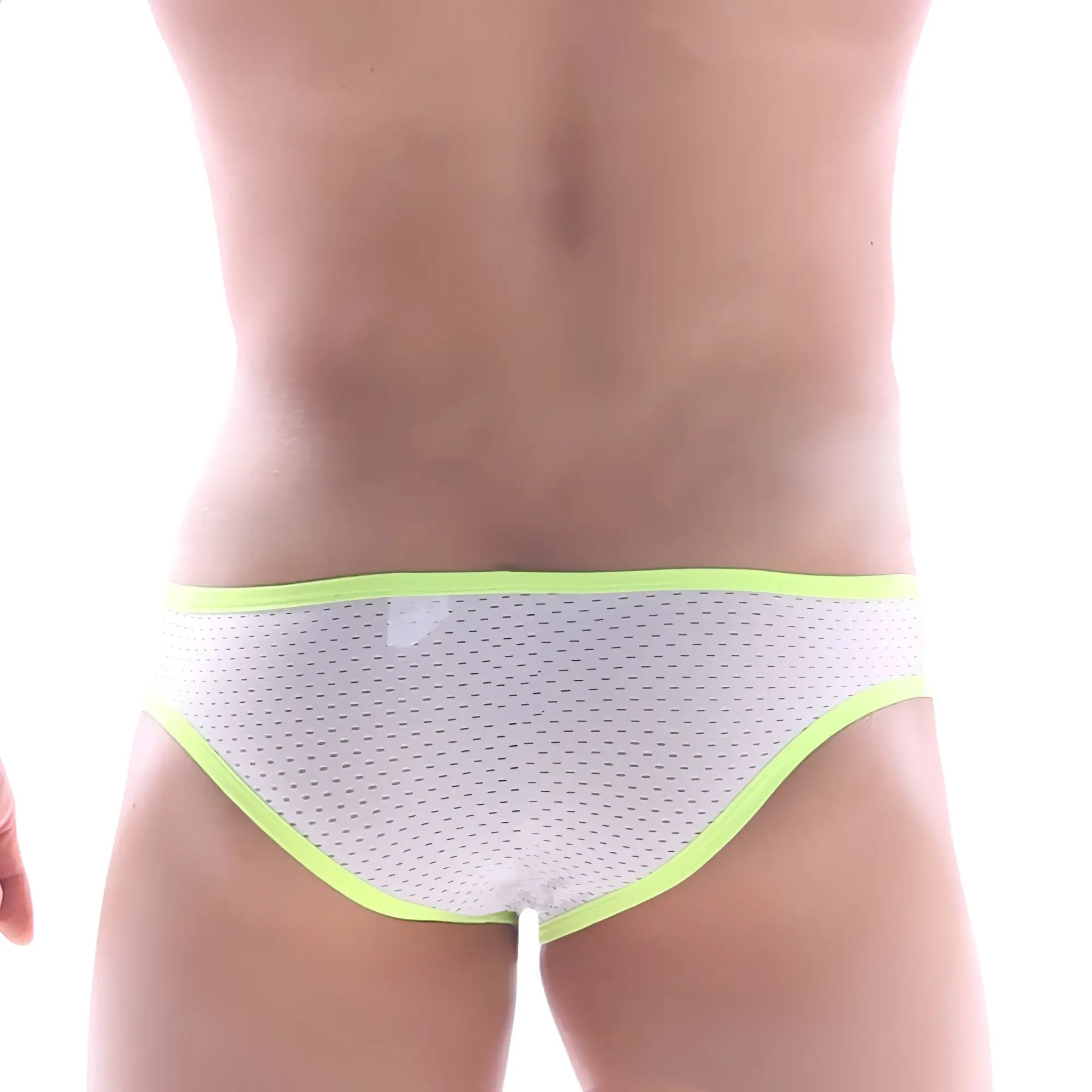 Metro male wear focus brief white 6107-00 white mesh briefs with neon green trim for breathable comfort