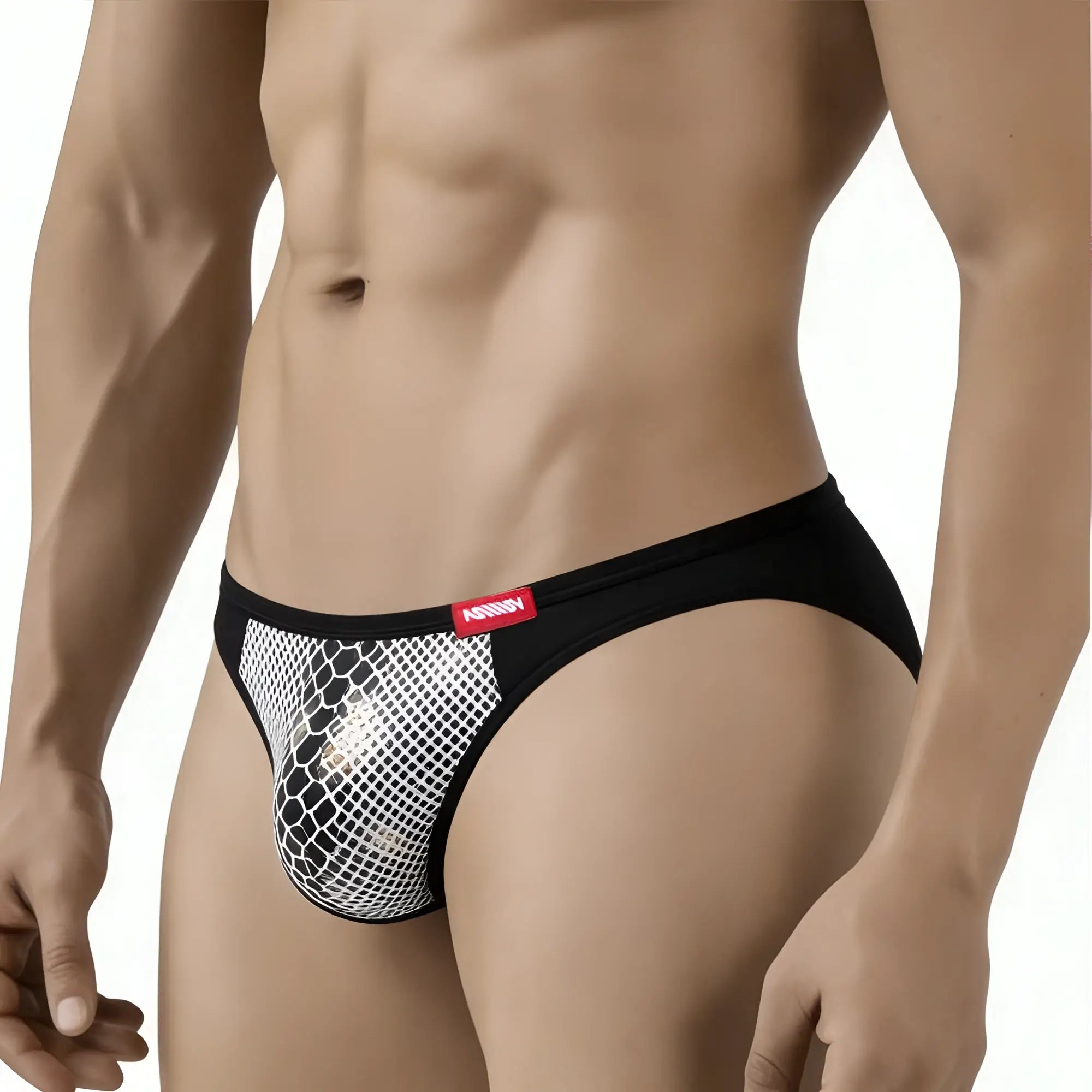 Black and white mesh briefs with red brand tag metro malewear fortuna bikini white 2905-60 front view