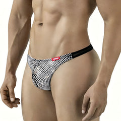 MetroMaleWear Fortuna thong white black and white mesh pattern with red brand tag on waistband front side view
